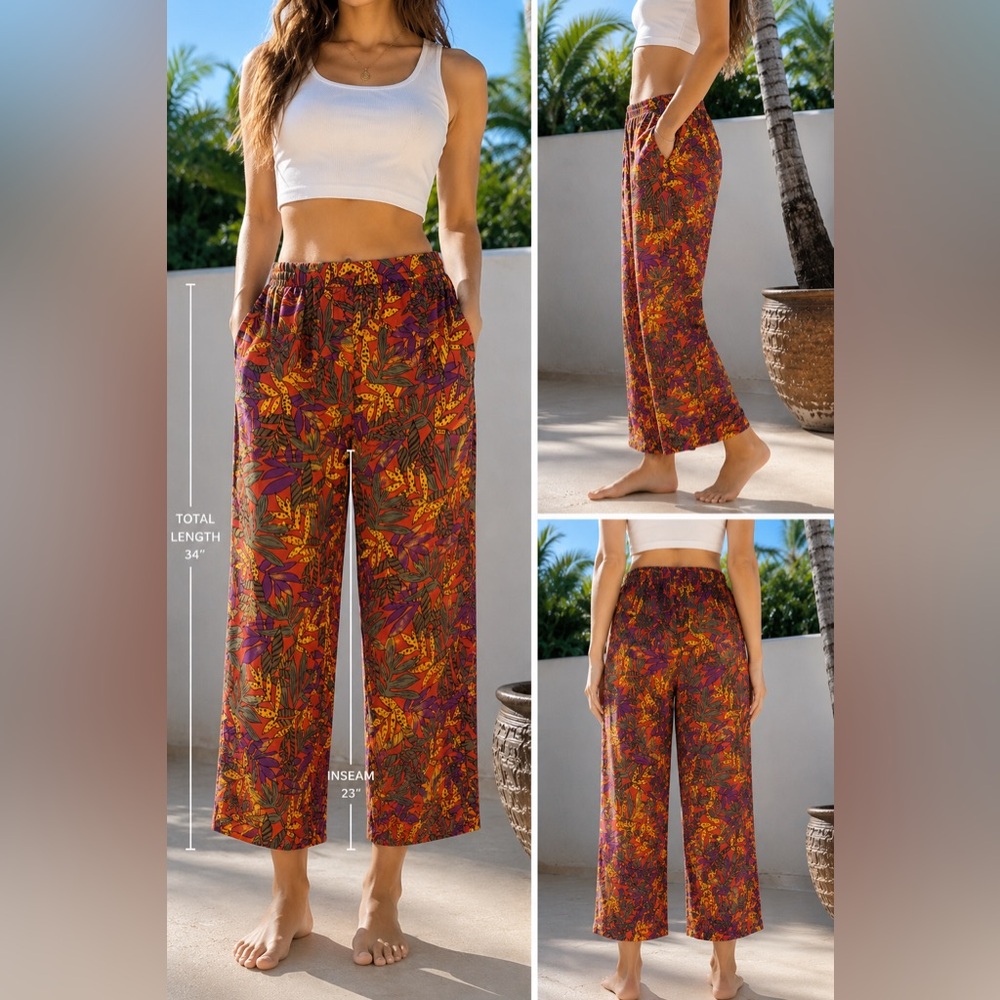 Vintage 80s 90s Silk Lloyd Williams Pants Tropical Wide Leg Resort Lounge 4 Boho